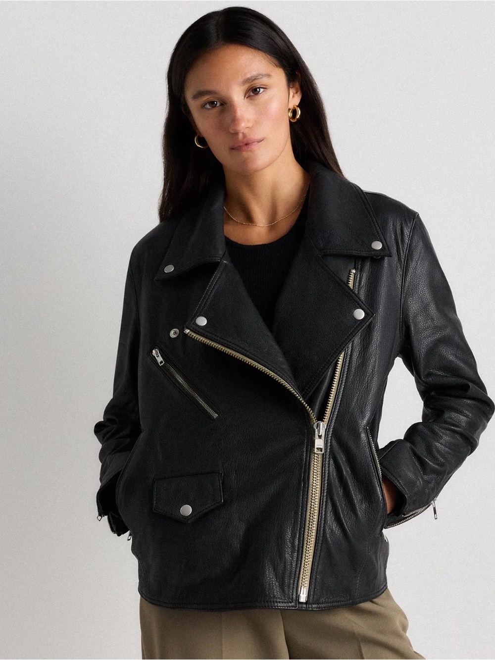 Quince Black 100% Leather Oversized Biker Moto Jacket with Silver Hardware